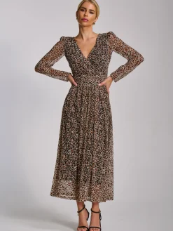 Jolie Moi Occasion Dresses|Signature Lace-Long Sleeve Pleated Lace Maxi Dress, Neutral Animal