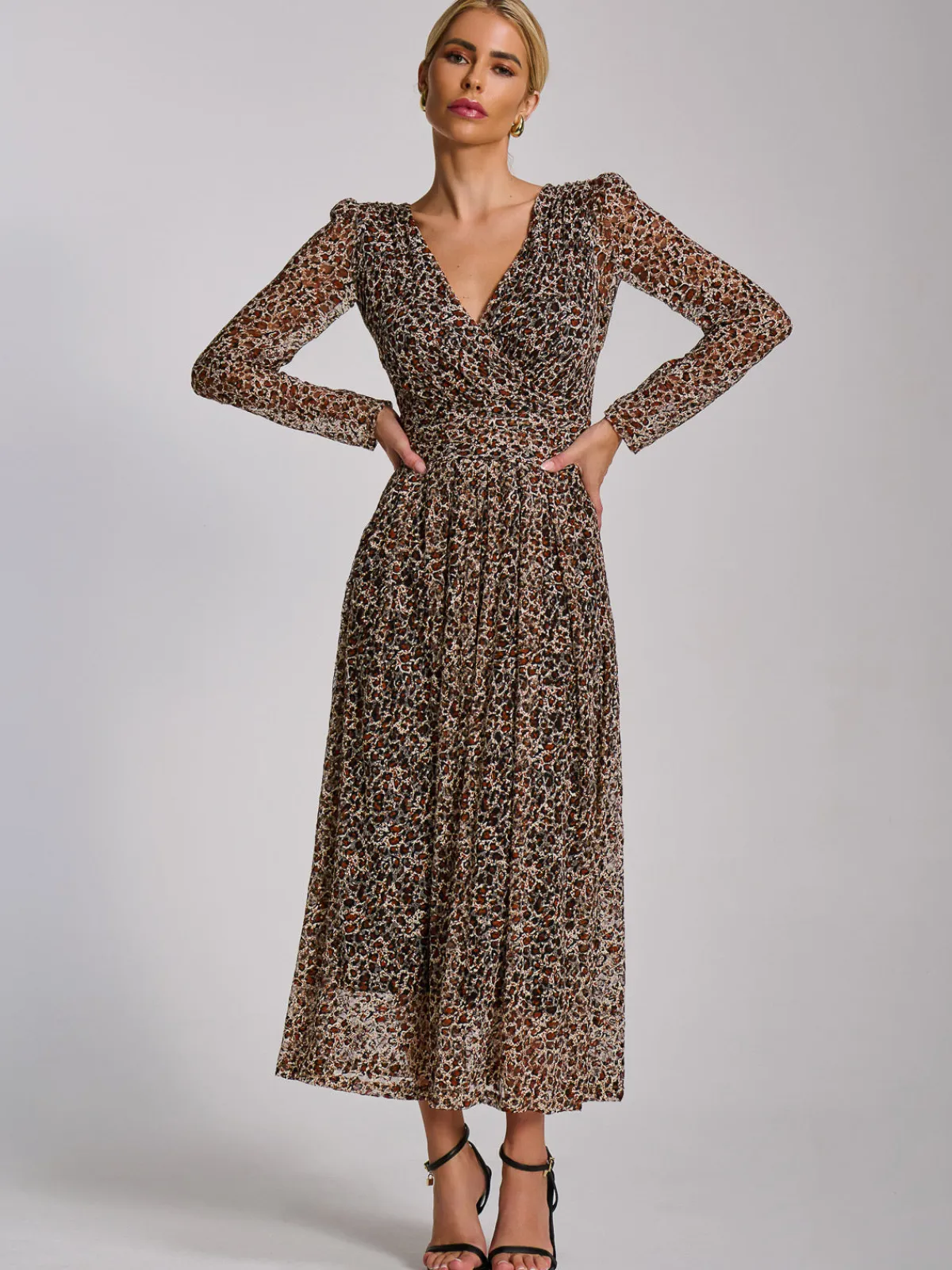 Jolie Moi Occasion Dresses|Signature Lace-Long Sleeve Pleated Lace Maxi Dress, Neutral Animal