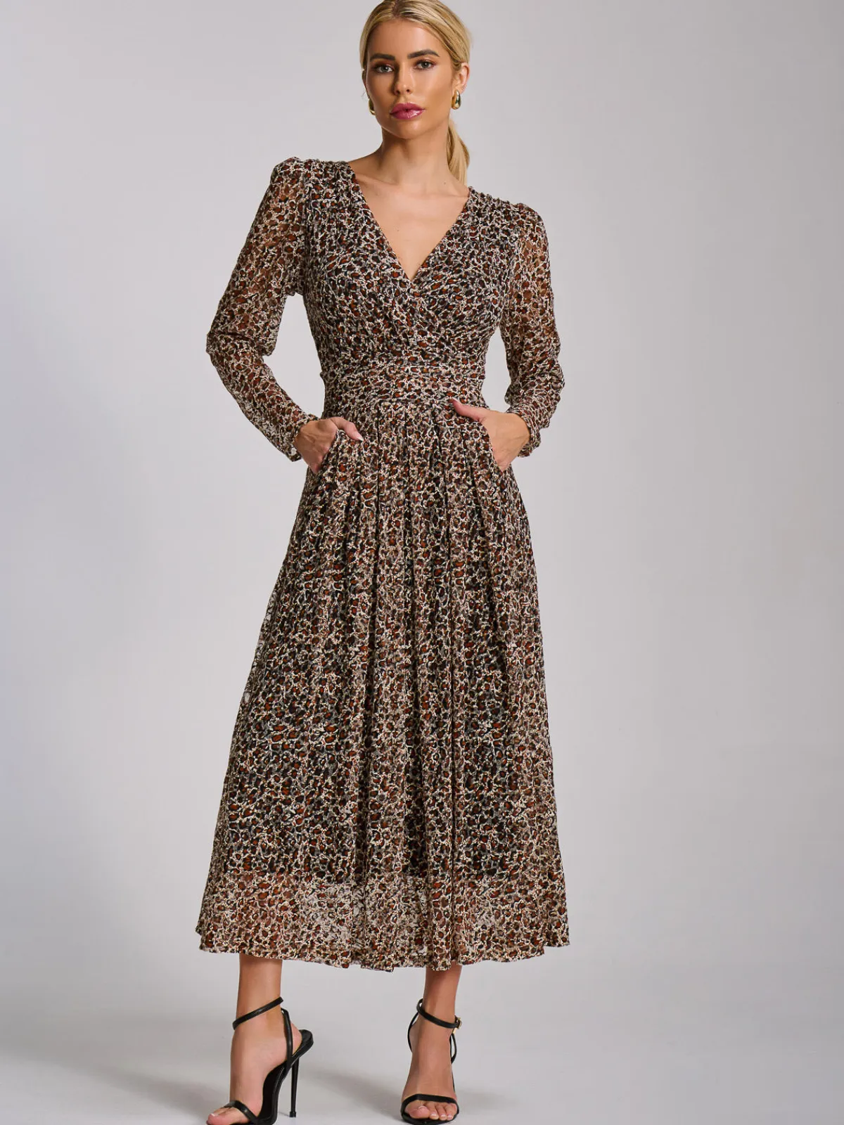 Jolie Moi Occasion Dresses|Signature Lace-Long Sleeve Pleated Lace Maxi Dress, Neutral Animal