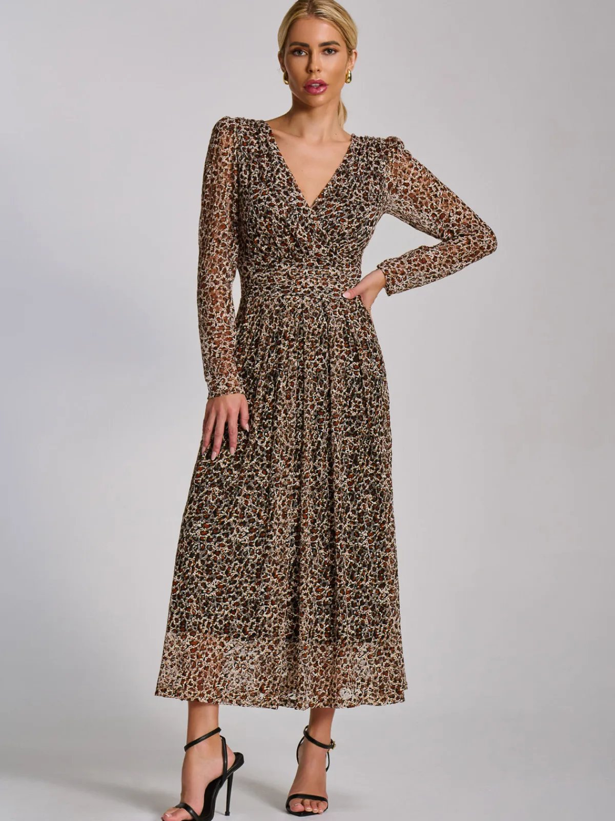Jolie Moi Occasion Dresses|Signature Lace-Long Sleeve Pleated Lace Maxi Dress, Neutral Animal