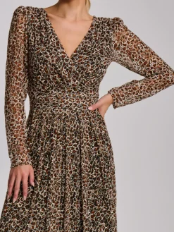 Jolie Moi Occasion Dresses|Signature Lace-Long Sleeve Pleated Lace Maxi Dress, Neutral Animal