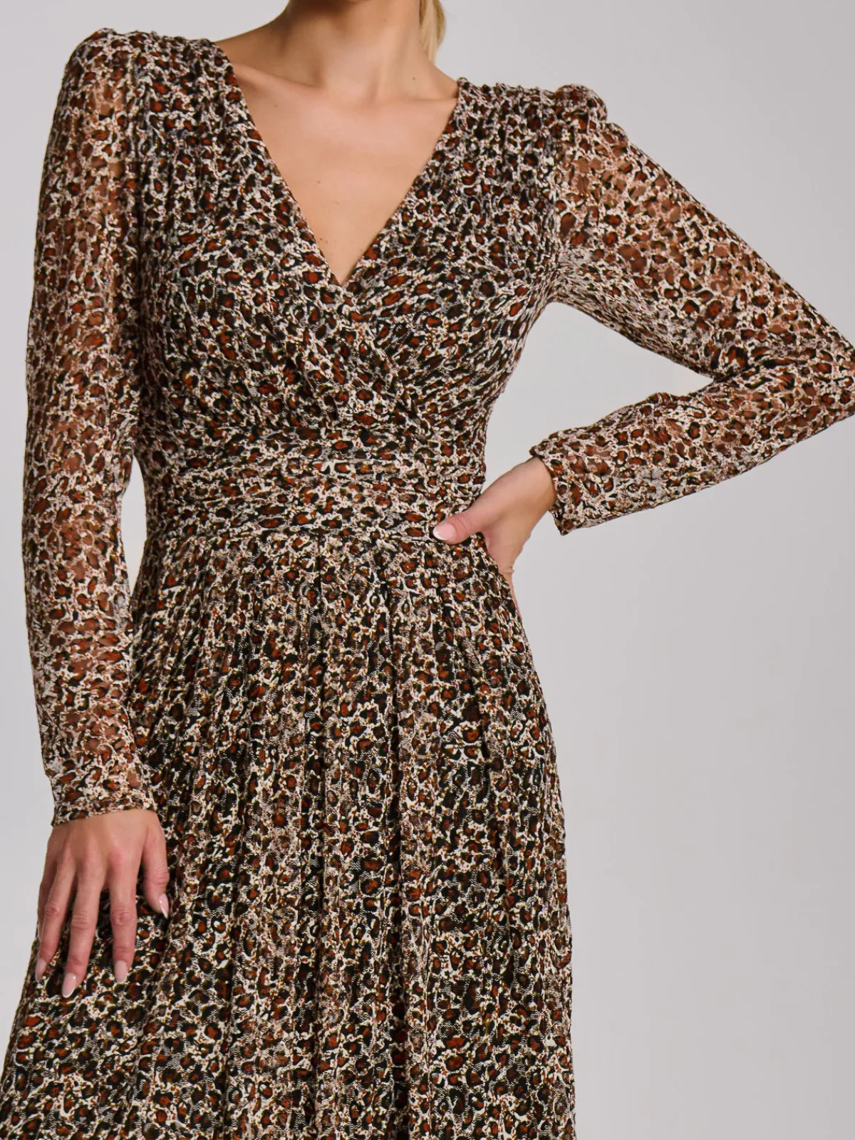 Jolie Moi Occasion Dresses|Signature Lace-Long Sleeve Pleated Lace Maxi Dress, Neutral Animal