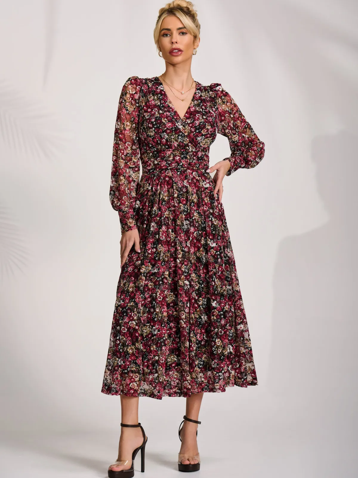 Jolie Moi Occasion Dresses|Floral Dresses-Long Sleeve Printed Lace Maxi Dress, Black Red Floral