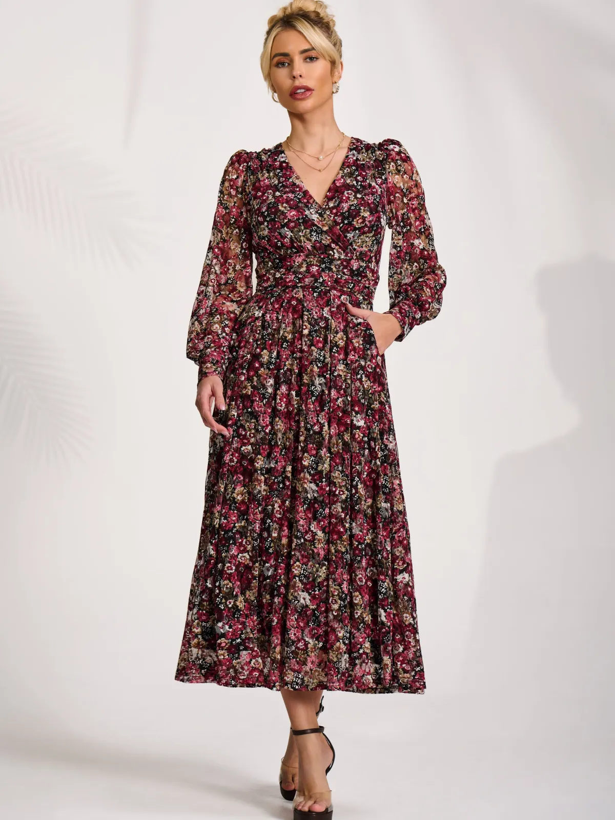 Jolie Moi Occasion Dresses|Floral Dresses-Long Sleeve Printed Lace Maxi Dress, Black Red Floral