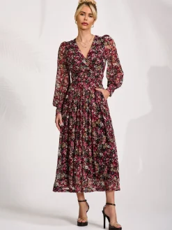 Jolie Moi Occasion Dresses|Floral Dresses-Long Sleeve Printed Lace Maxi Dress, Black Red Floral