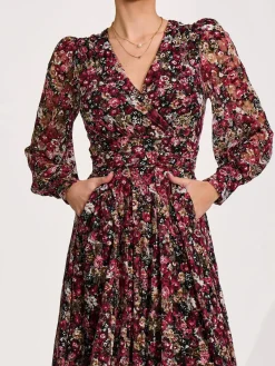 Jolie Moi Occasion Dresses|Floral Dresses-Long Sleeve Printed Lace Maxi Dress, Black Red Floral