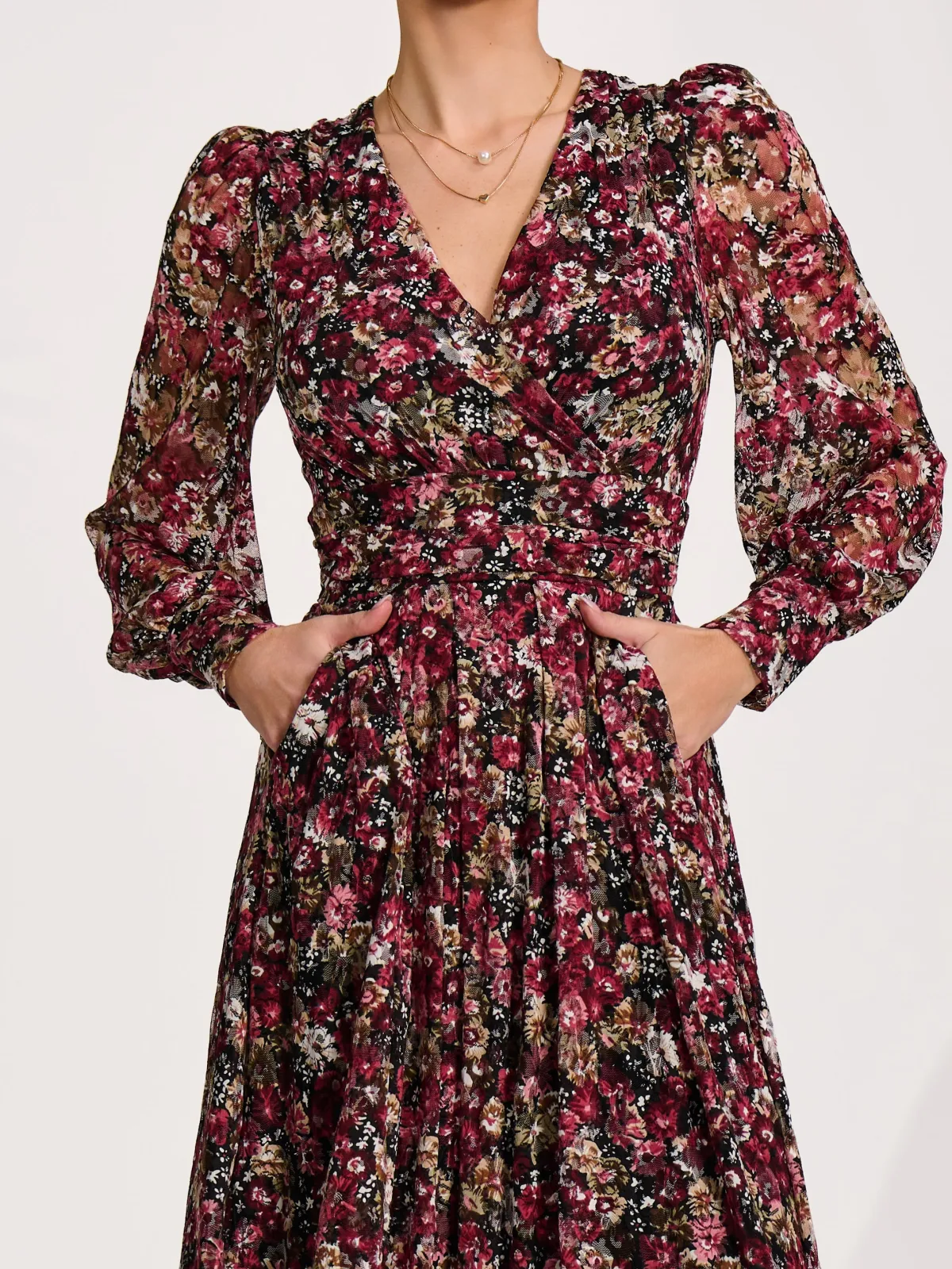 Jolie Moi Occasion Dresses|Floral Dresses-Long Sleeve Printed Lace Maxi Dress, Black Red Floral