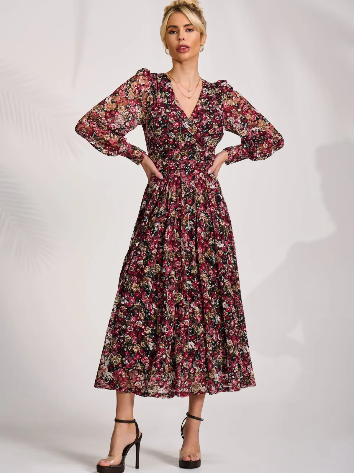 Jolie Moi Occasion Dresses|Floral Dresses-Long Sleeve Printed Lace Maxi Dress, Black Red Floral