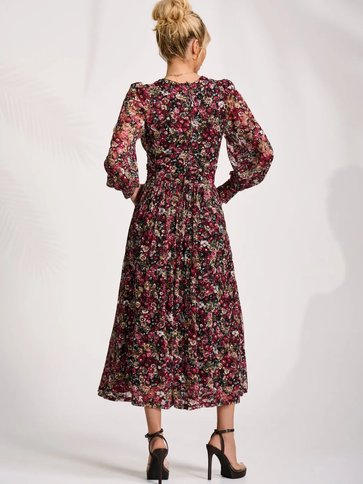 Jolie Moi Occasion Dresses|Floral Dresses-Long Sleeve Printed Lace Maxi Dress, Black Red Floral