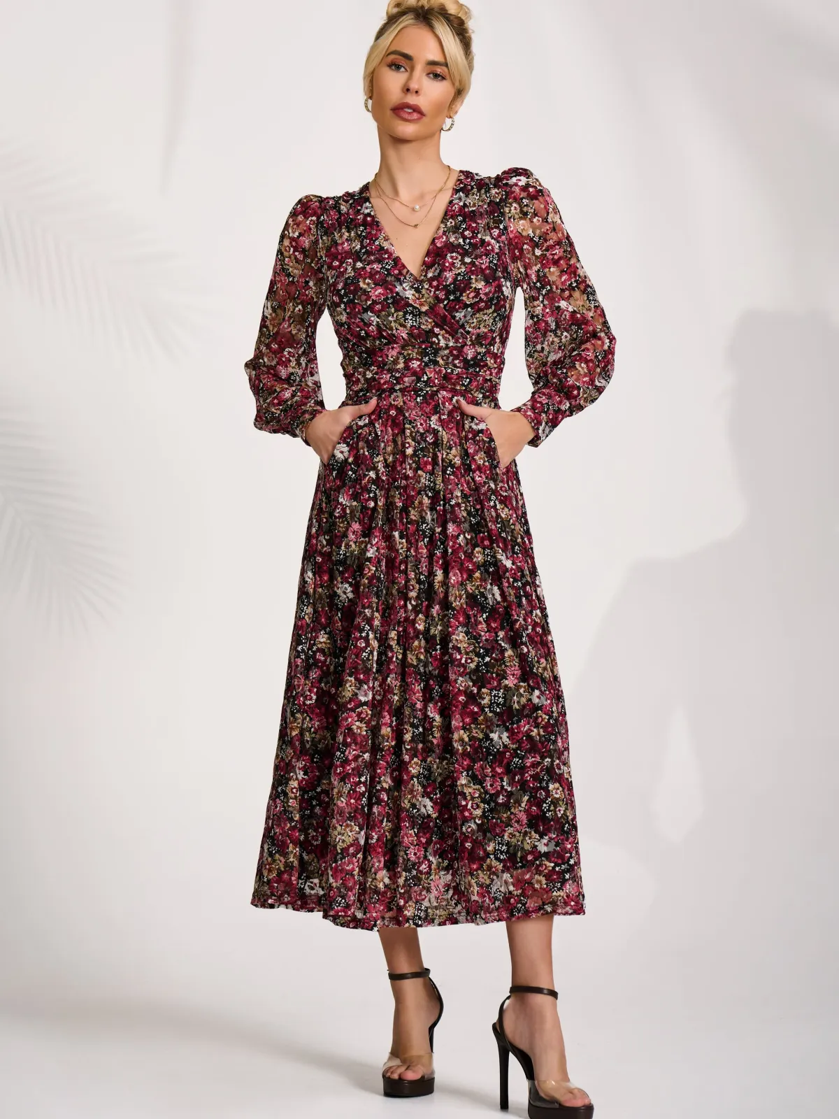 Jolie Moi Occasion Dresses|Floral Dresses-Long Sleeve Printed Lace Maxi Dress, Black Red Floral