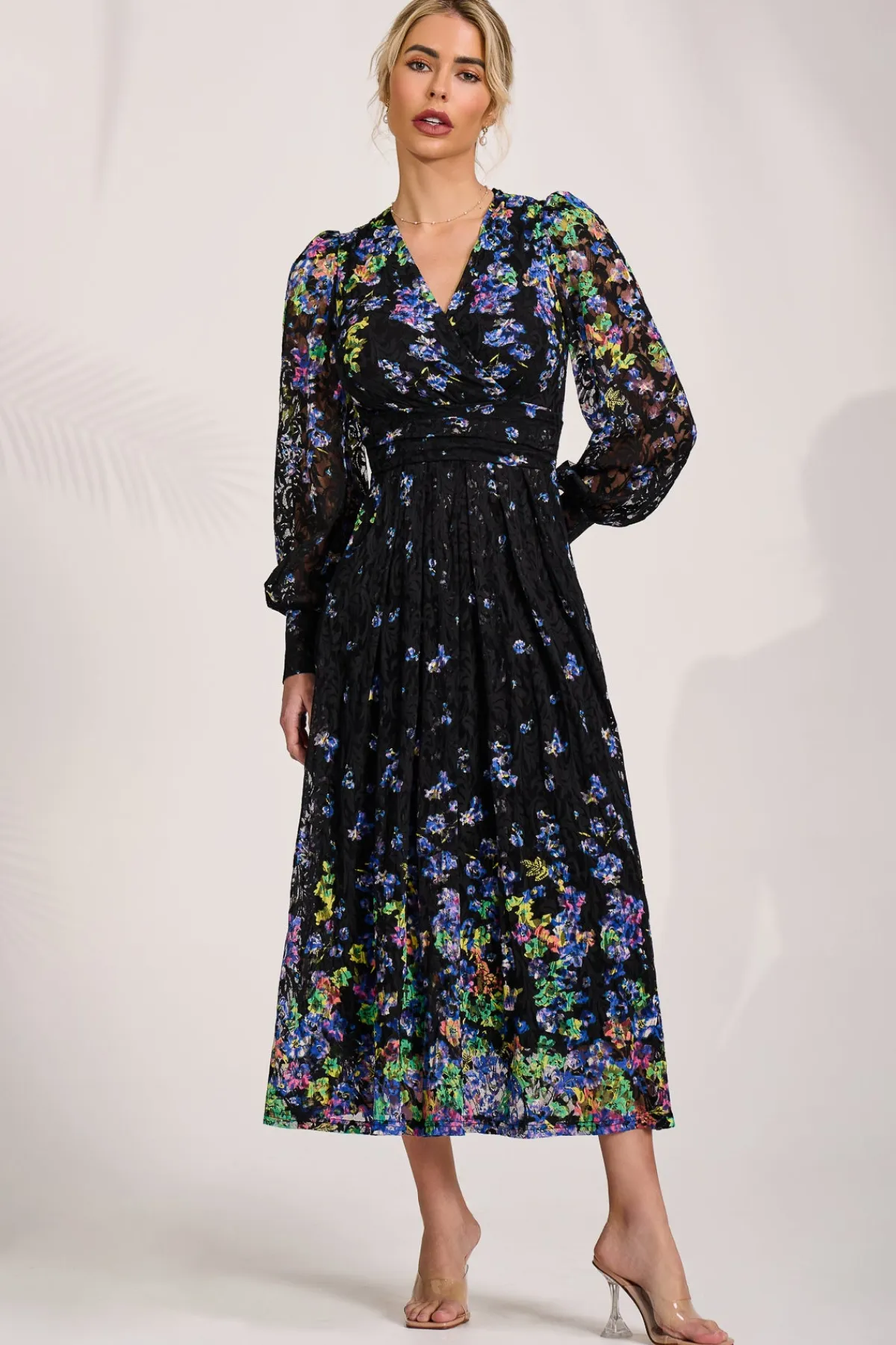 Jolie Moi Occasion Dresses|Floral Dresses-Long Sleeve Printed Lace Maxi Dress, Blue Multi
