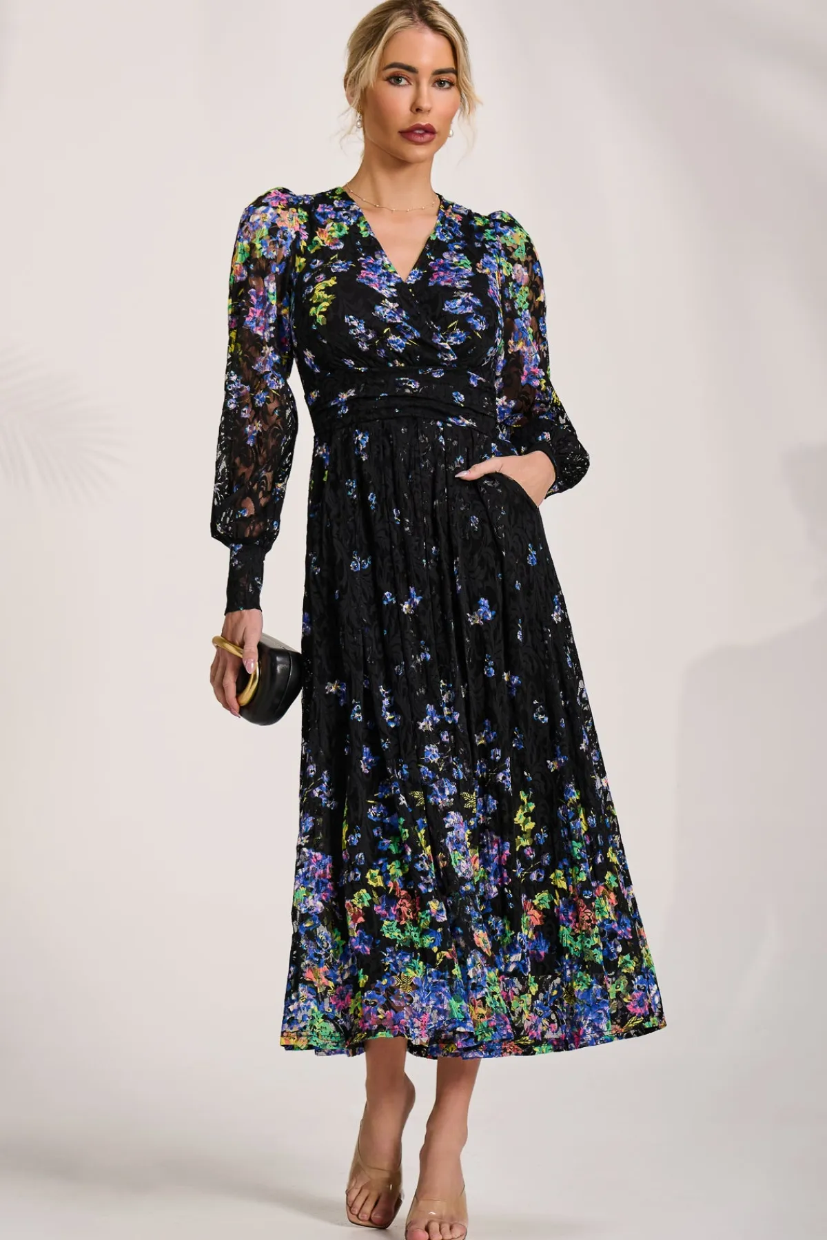 Jolie Moi Occasion Dresses|Floral Dresses-Long Sleeve Printed Lace Maxi Dress, Blue Multi