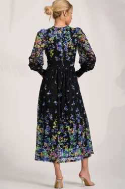 Jolie Moi Occasion Dresses|Floral Dresses-Long Sleeve Printed Lace Maxi Dress, Blue Multi