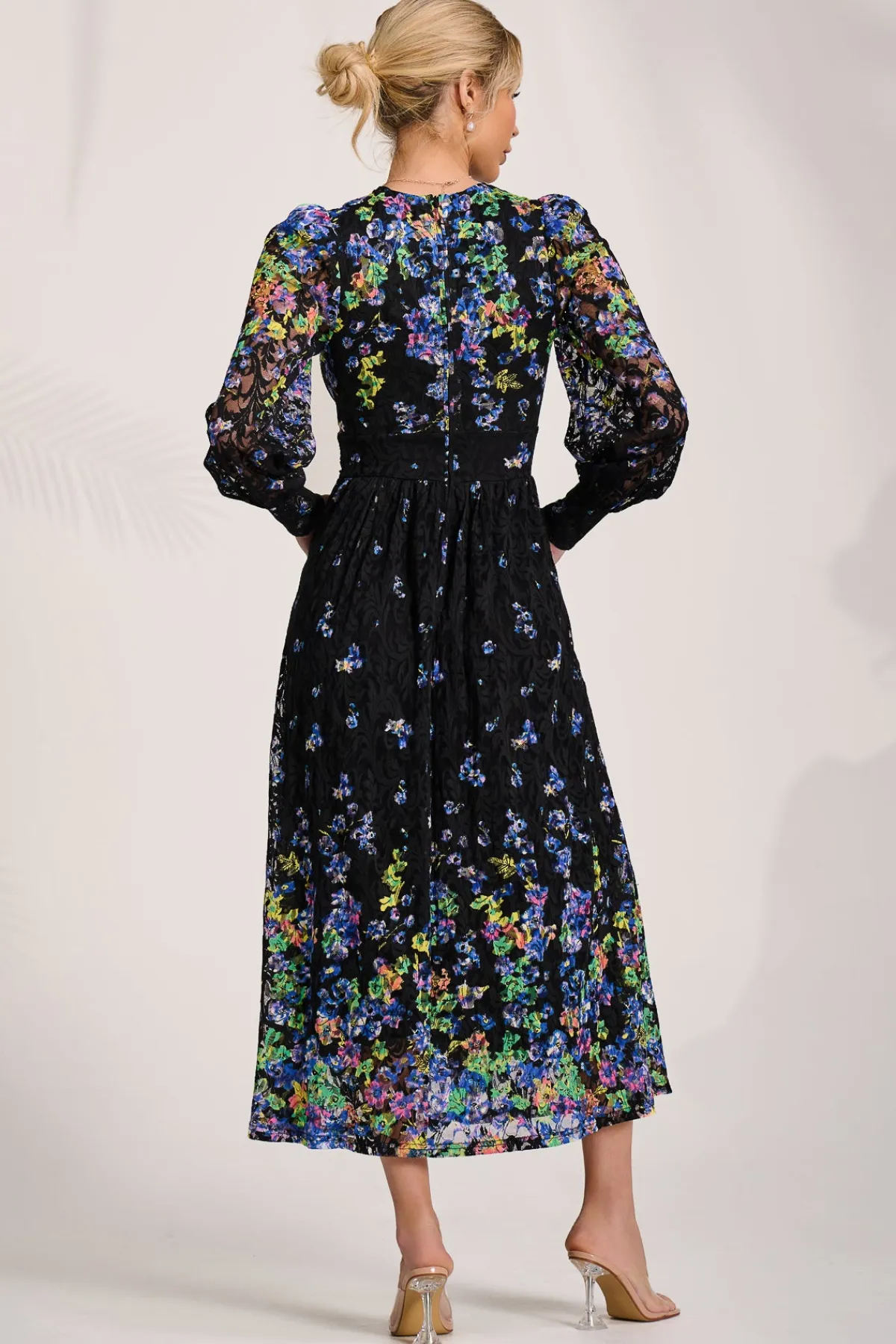 Jolie Moi Occasion Dresses|Floral Dresses-Long Sleeve Printed Lace Maxi Dress, Blue Multi