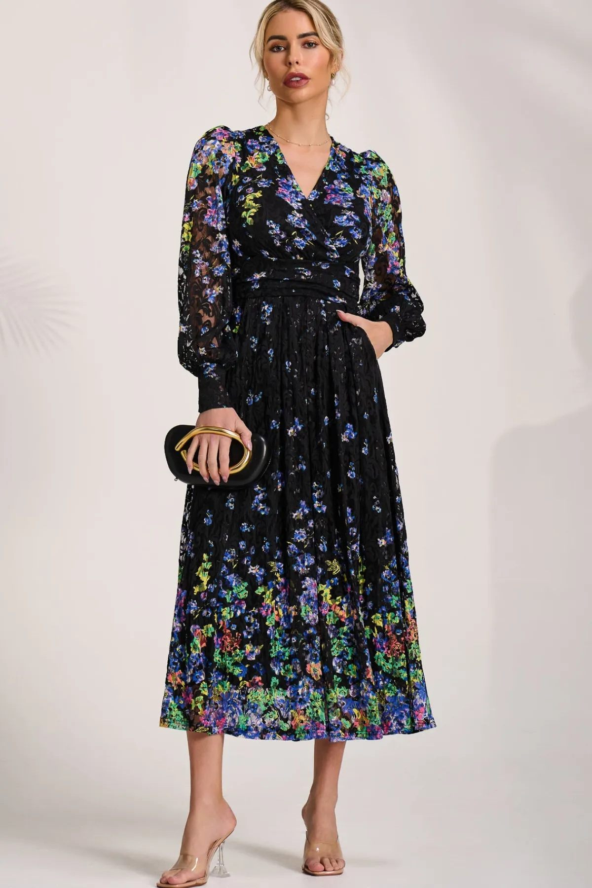 Jolie Moi Occasion Dresses|Floral Dresses-Long Sleeve Printed Lace Maxi Dress, Blue Multi