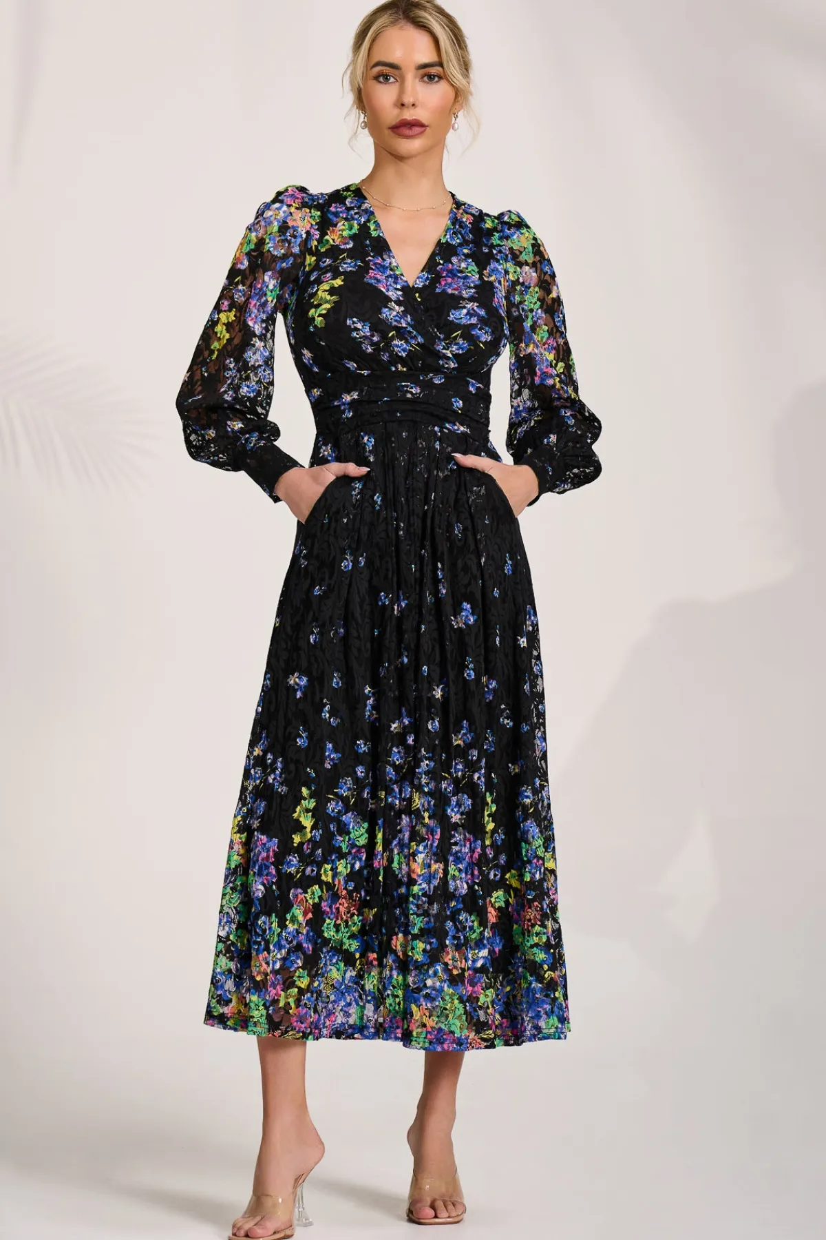 Jolie Moi Occasion Dresses|Floral Dresses-Long Sleeve Printed Lace Maxi Dress, Blue Multi