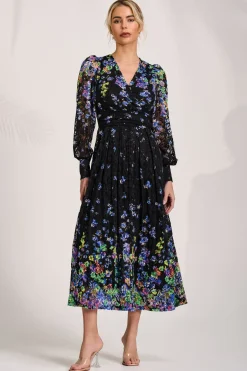 Jolie Moi Occasion Dresses|Floral Dresses-Long Sleeve Printed Lace Maxi Dress, Blue Multi