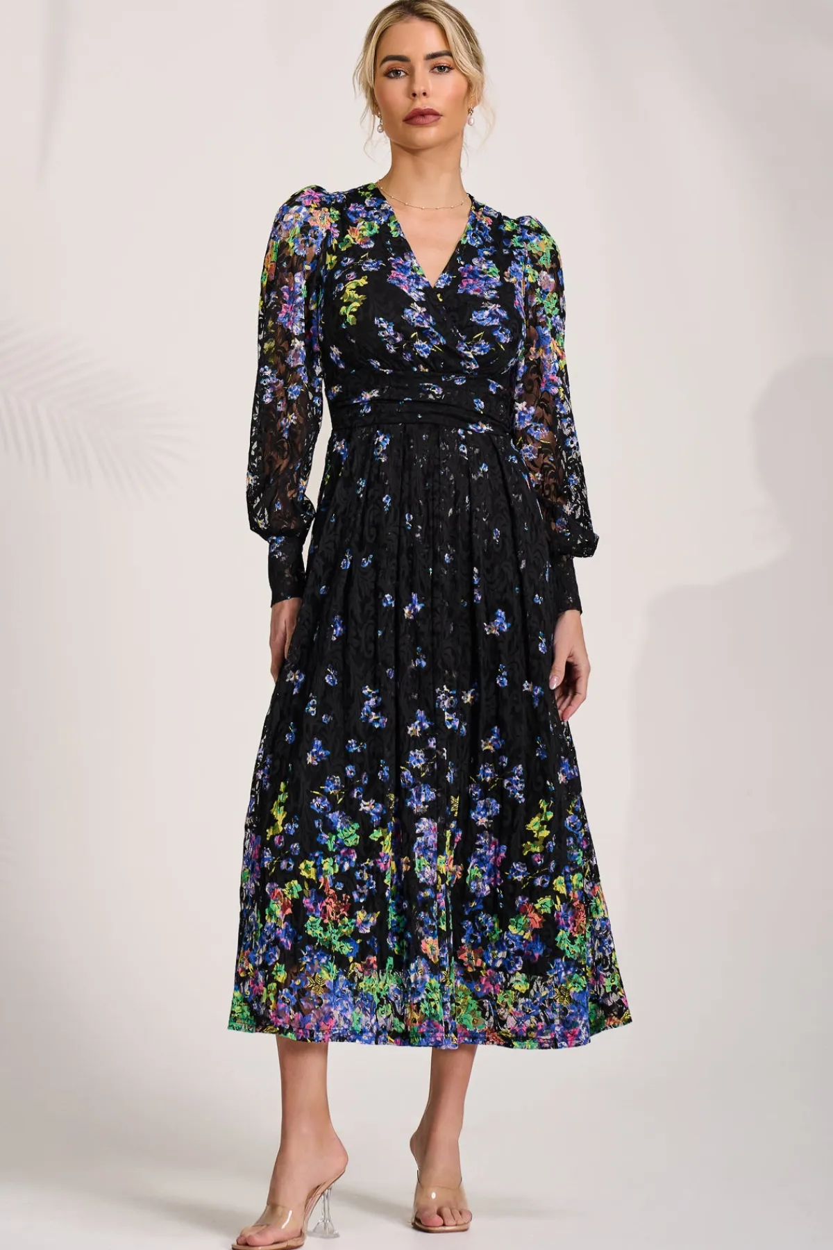 Jolie Moi Occasion Dresses|Floral Dresses-Long Sleeve Printed Lace Maxi Dress, Blue Multi