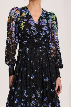 Jolie Moi Occasion Dresses|Floral Dresses-Long Sleeve Printed Lace Maxi Dress, Blue Multi