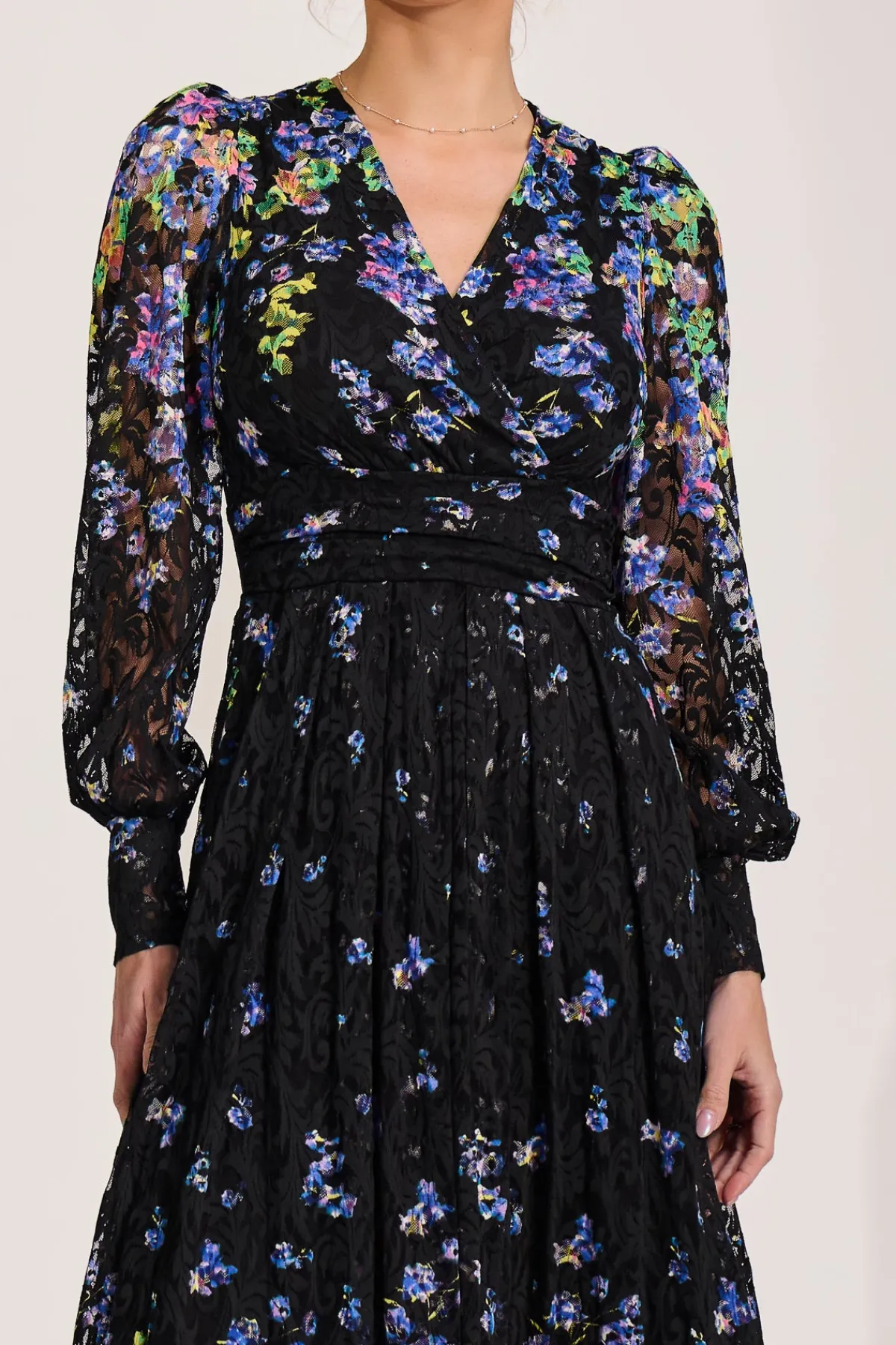 Jolie Moi Occasion Dresses|Floral Dresses-Long Sleeve Printed Lace Maxi Dress, Blue Multi