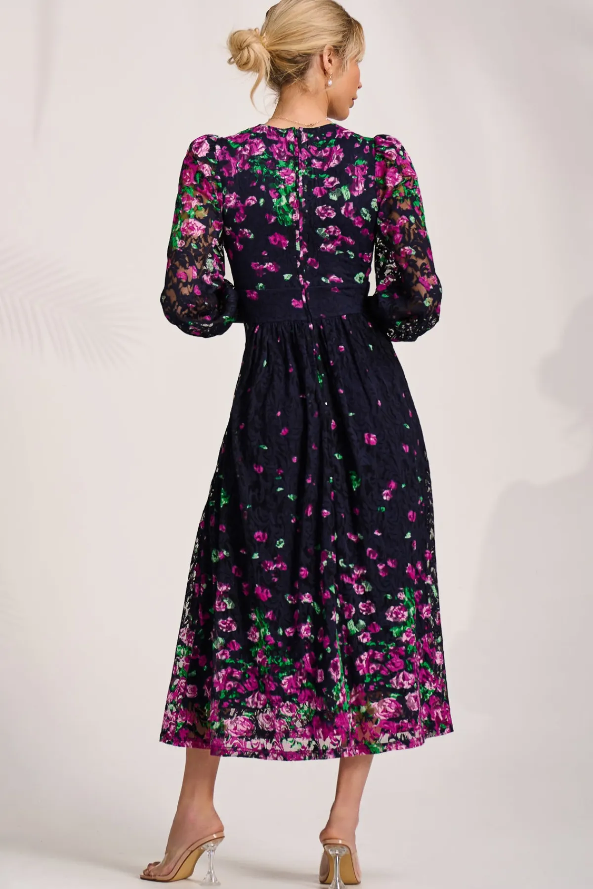 Jolie Moi Occasion Dresses|Floral Dresses-Long Sleeve Printed Lace Maxi Dress, Fuchsia Floral