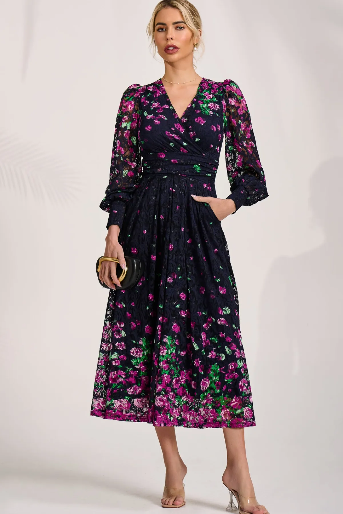 Jolie Moi Occasion Dresses|Floral Dresses-Long Sleeve Printed Lace Maxi Dress, Fuchsia Floral
