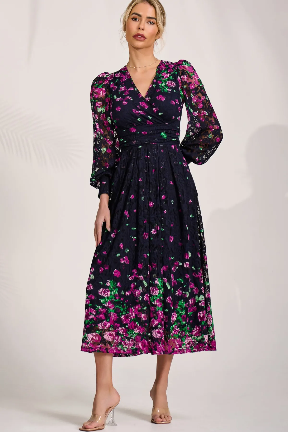 Jolie Moi Occasion Dresses|Floral Dresses-Long Sleeve Printed Lace Maxi Dress, Fuchsia Floral