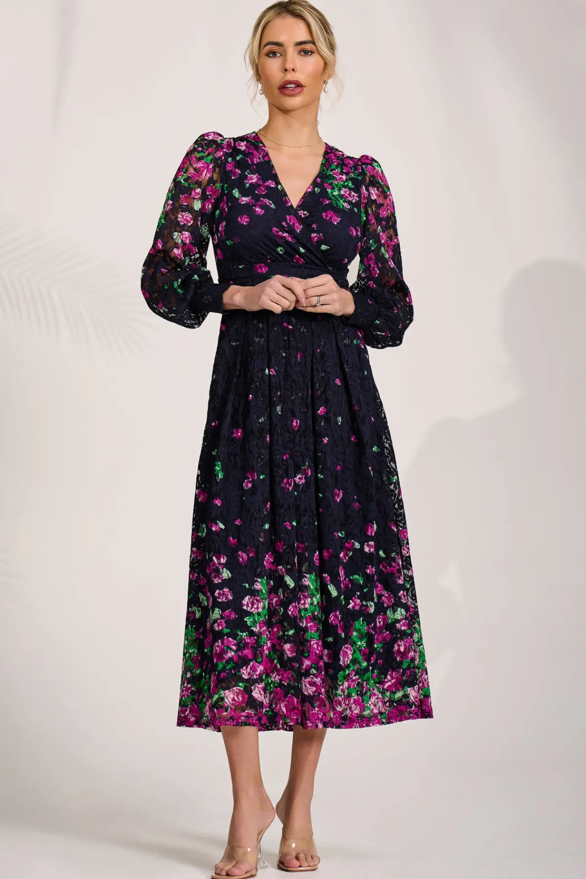 Jolie Moi Occasion Dresses|Floral Dresses-Long Sleeve Printed Lace Maxi Dress, Fuchsia Floral