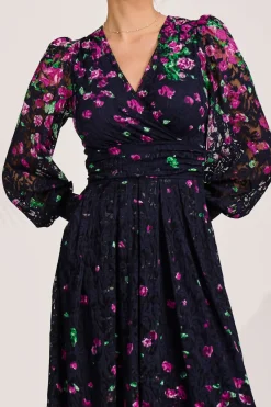 Jolie Moi Occasion Dresses|Floral Dresses-Long Sleeve Printed Lace Maxi Dress, Fuchsia Floral