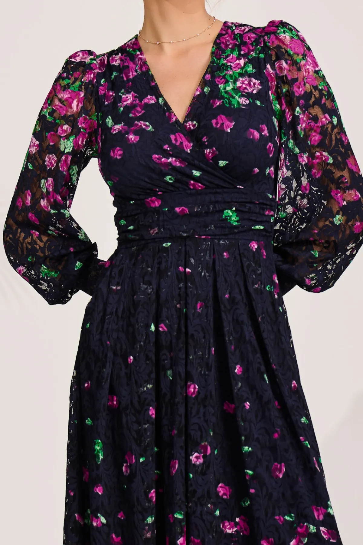 Jolie Moi Occasion Dresses|Floral Dresses-Long Sleeve Printed Lace Maxi Dress, Fuchsia Floral