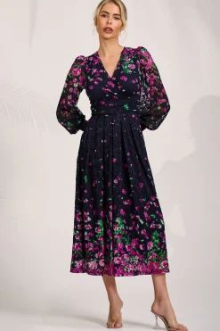 Jolie Moi Occasion Dresses|Floral Dresses-Long Sleeve Printed Lace Maxi Dress, Fuchsia Floral