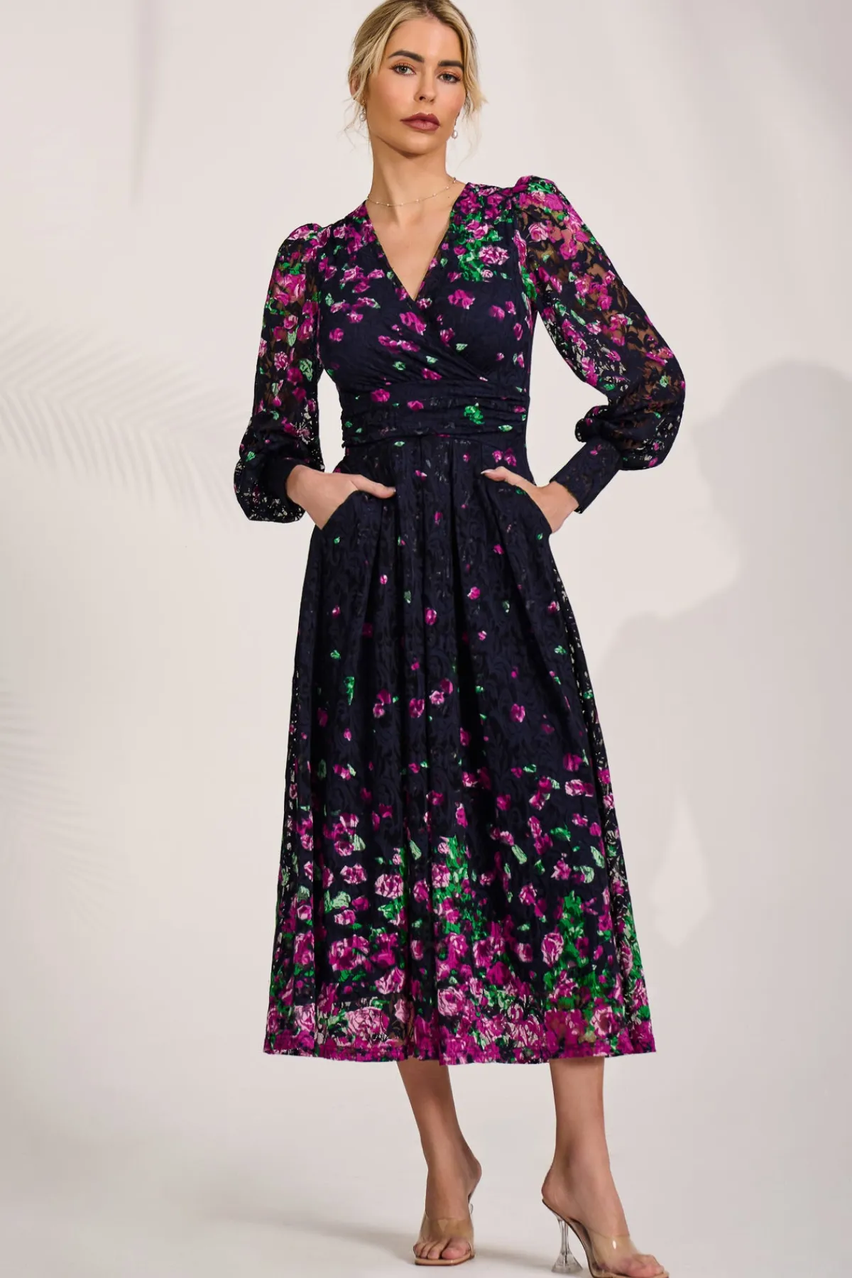 Jolie Moi Occasion Dresses|Floral Dresses-Long Sleeve Printed Lace Maxi Dress, Fuchsia Floral