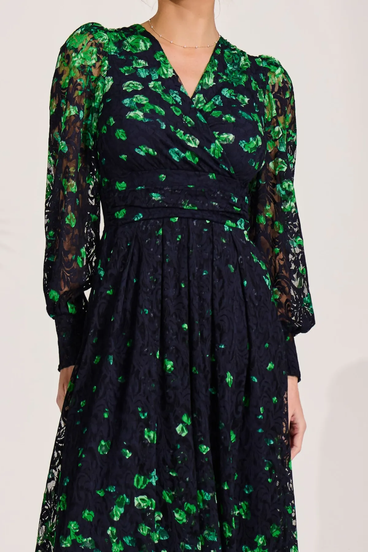 Jolie Moi Occasion Dresses|Floral Dresses-Long Sleeve Printed Lace Maxi Dress, Green Floral