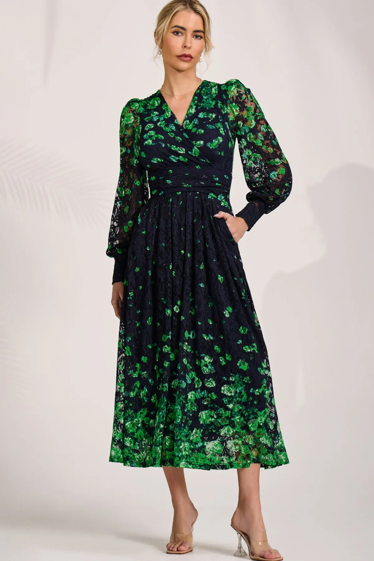 Jolie Moi Occasion Dresses|Floral Dresses-Long Sleeve Printed Lace Maxi Dress, Green Floral