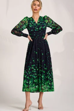 Jolie Moi Occasion Dresses|Floral Dresses-Long Sleeve Printed Lace Maxi Dress, Green Floral