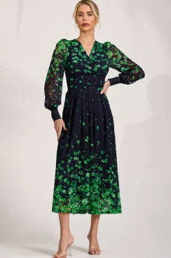 Jolie Moi Occasion Dresses|Floral Dresses-Long Sleeve Printed Lace Maxi Dress, Green Floral