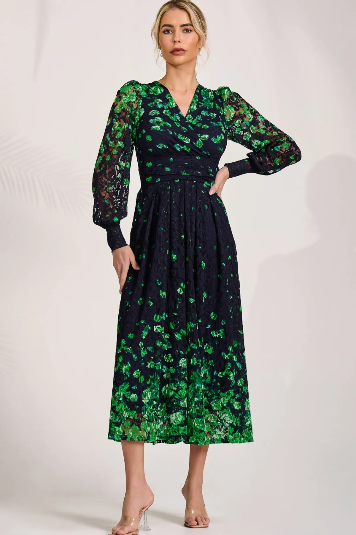 Jolie Moi Occasion Dresses|Floral Dresses-Long Sleeve Printed Lace Maxi Dress, Green Floral
