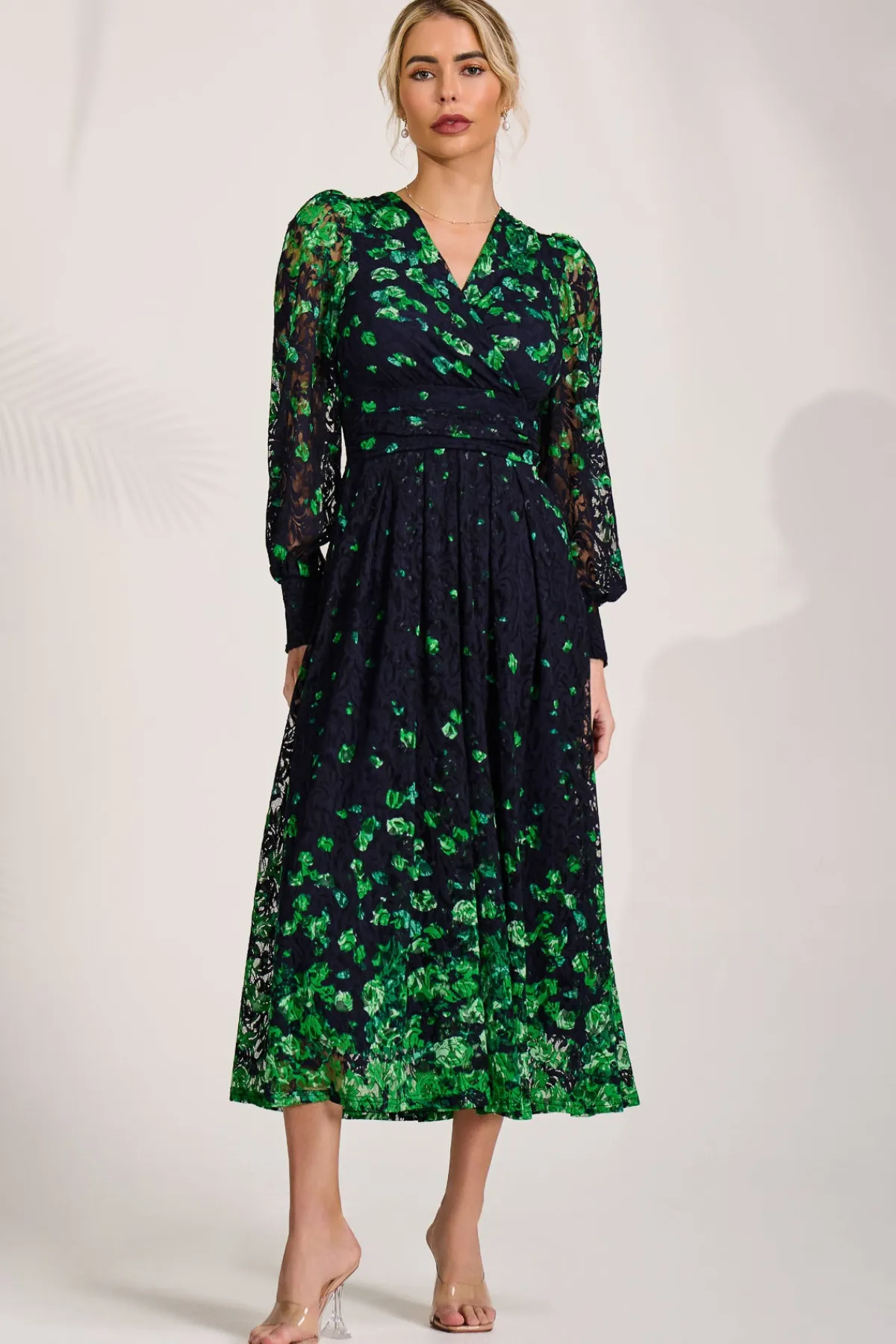 Jolie Moi Occasion Dresses|Floral Dresses-Long Sleeve Printed Lace Maxi Dress, Green Floral