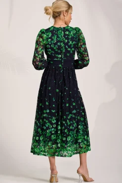 Jolie Moi Occasion Dresses|Floral Dresses-Long Sleeve Printed Lace Maxi Dress, Green Floral