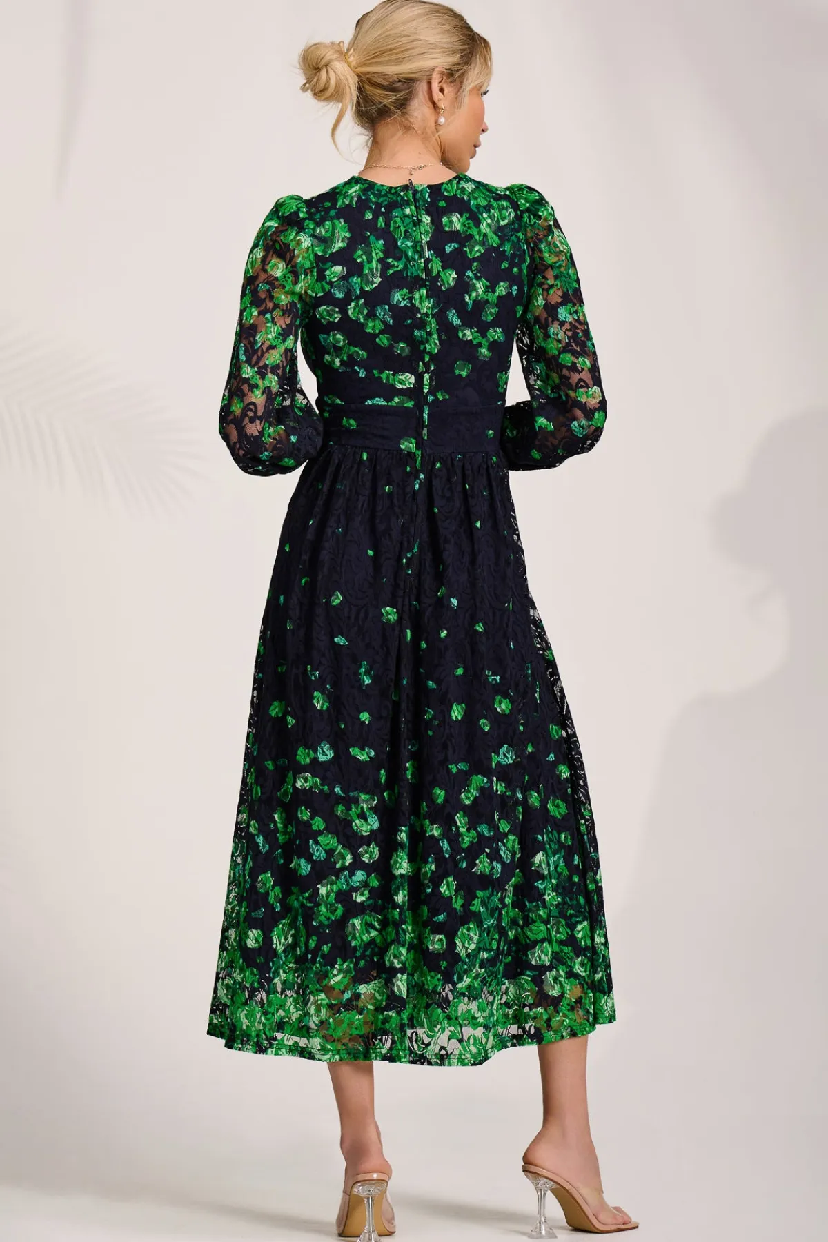 Jolie Moi Occasion Dresses|Floral Dresses-Long Sleeve Printed Lace Maxi Dress, Green Floral