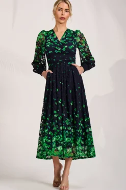 Jolie Moi Occasion Dresses|Floral Dresses-Long Sleeve Printed Lace Maxi Dress, Green Floral