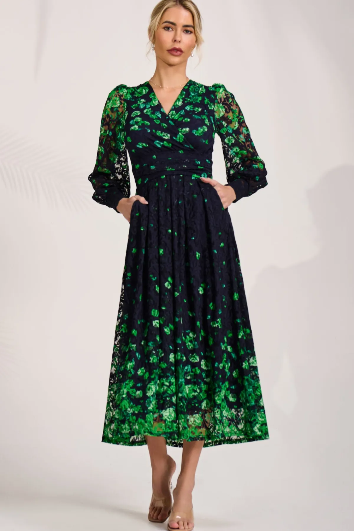 Jolie Moi Occasion Dresses|Floral Dresses-Long Sleeve Printed Lace Maxi Dress, Green Floral