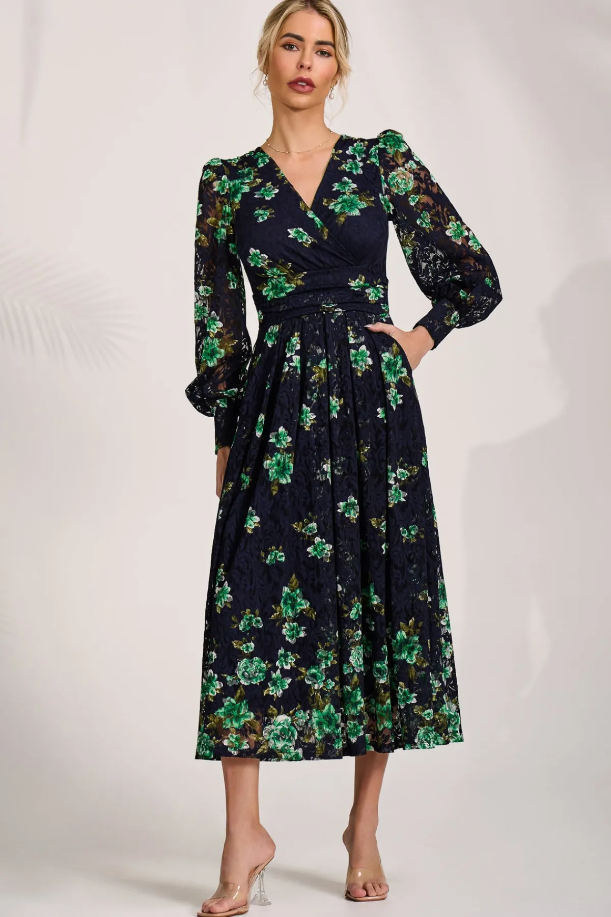 Jolie Moi Occasion Dresses|Floral Dresses-Long Sleeve Printed Lace Maxi Dress, Navy Floral