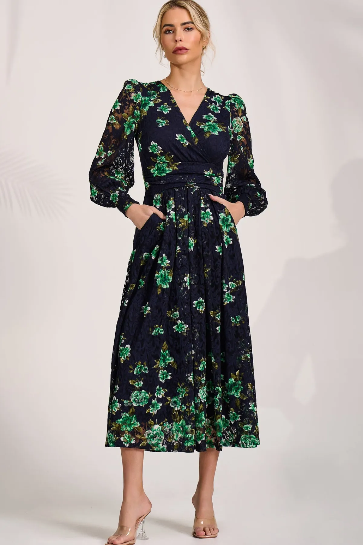 Jolie Moi Occasion Dresses|Floral Dresses-Long Sleeve Printed Lace Maxi Dress, Navy Floral