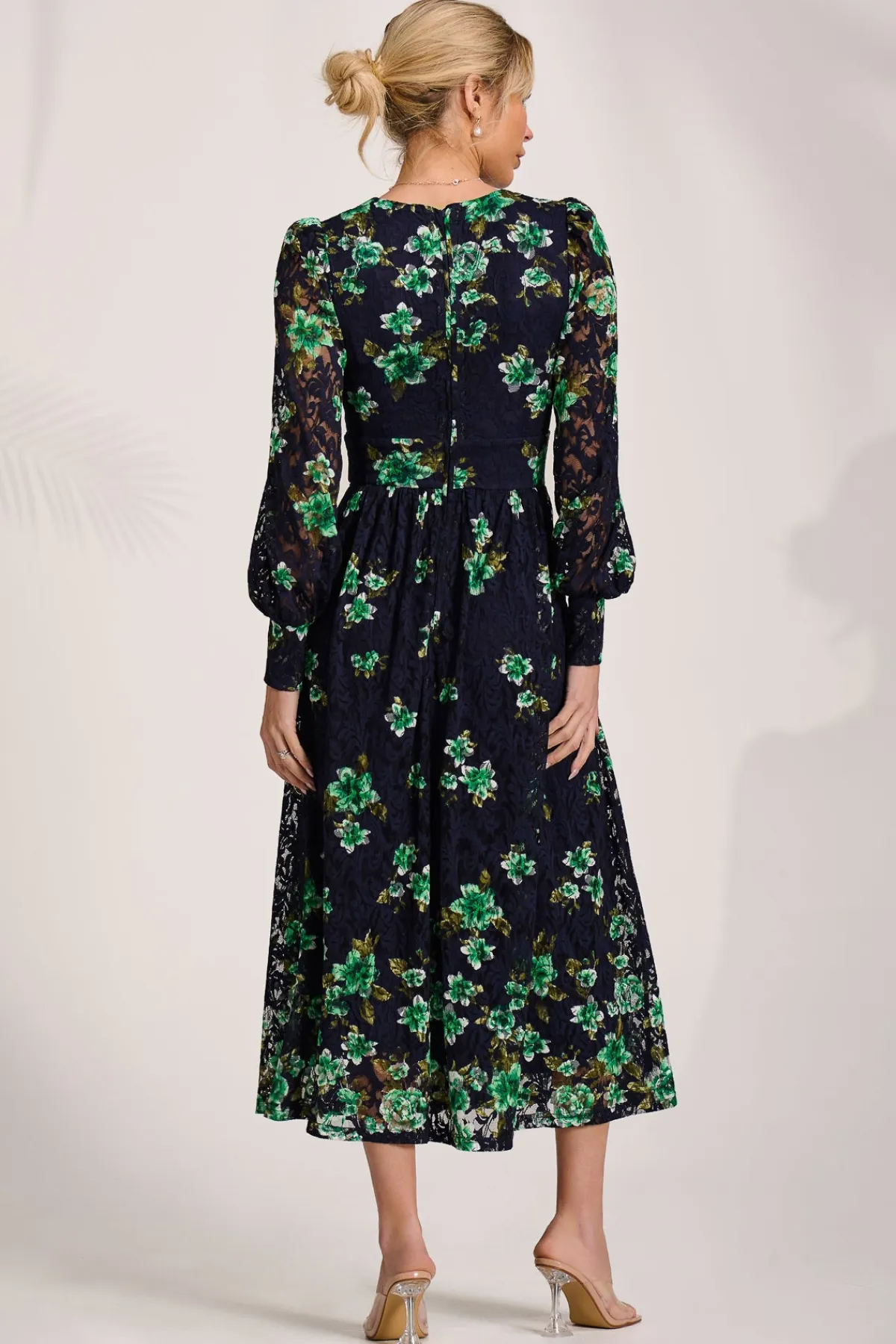 Jolie Moi Occasion Dresses|Floral Dresses-Long Sleeve Printed Lace Maxi Dress, Navy Floral