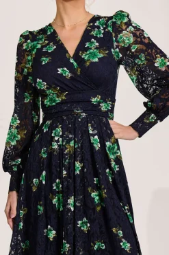 Jolie Moi Occasion Dresses|Floral Dresses-Long Sleeve Printed Lace Maxi Dress, Navy Floral