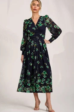 Jolie Moi Occasion Dresses|Floral Dresses-Long Sleeve Printed Lace Maxi Dress, Navy Floral