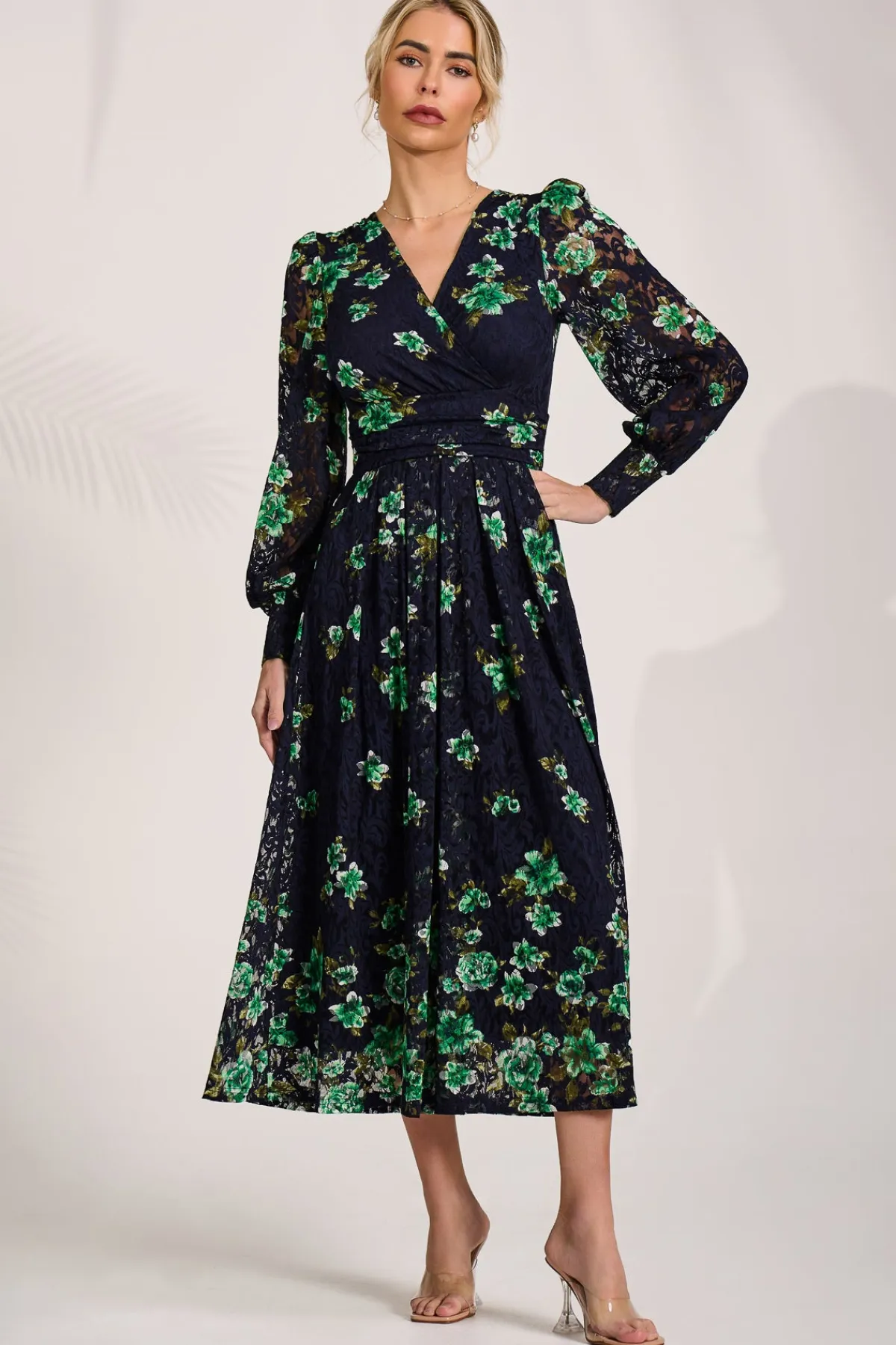 Jolie Moi Occasion Dresses|Floral Dresses-Long Sleeve Printed Lace Maxi Dress, Navy Floral