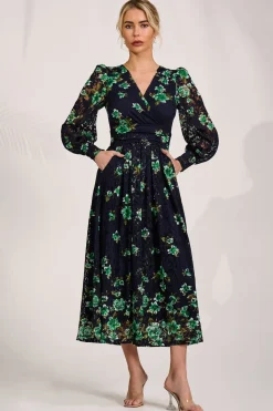 Jolie Moi Occasion Dresses|Floral Dresses-Long Sleeve Printed Lace Maxi Dress, Navy Floral