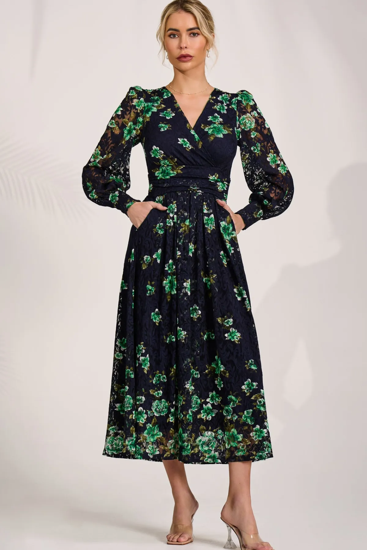 Jolie Moi Occasion Dresses|Floral Dresses-Long Sleeve Printed Lace Maxi Dress, Navy Floral